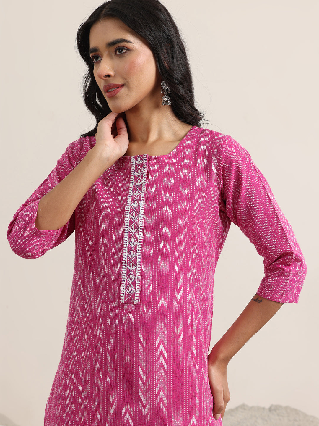 Pink Woven Design Cotton Straight Suit With Dupatta