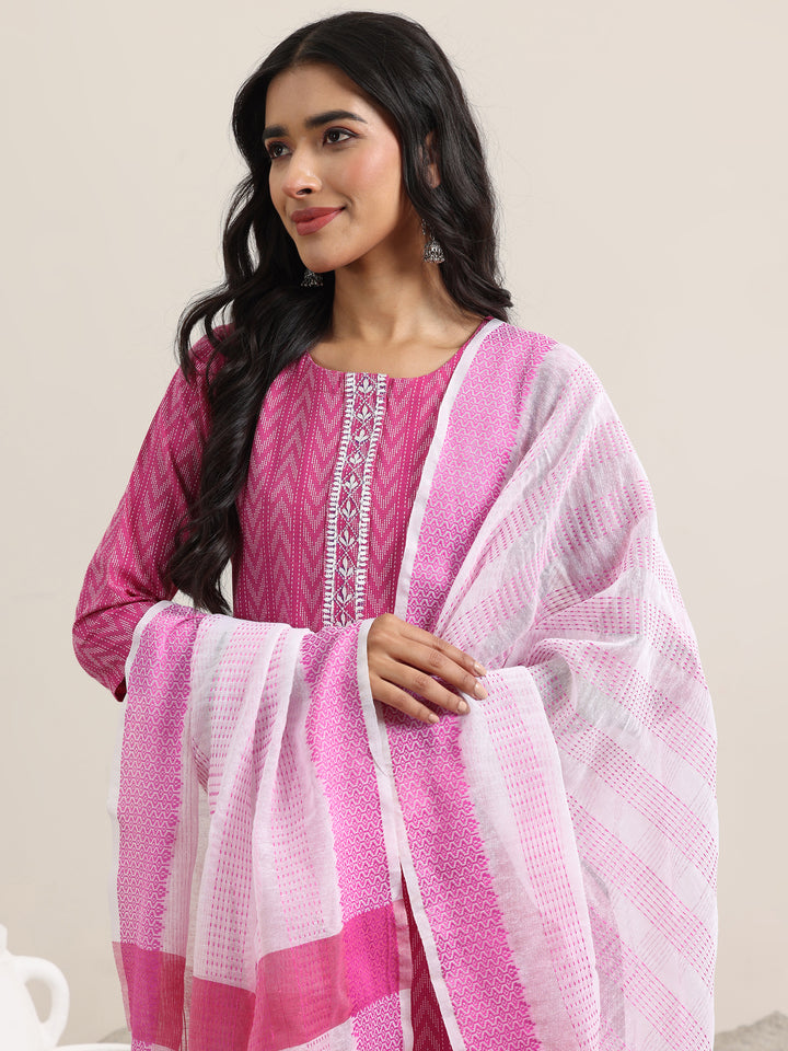 Pink Woven Design Cotton Straight Suit With Dupatta