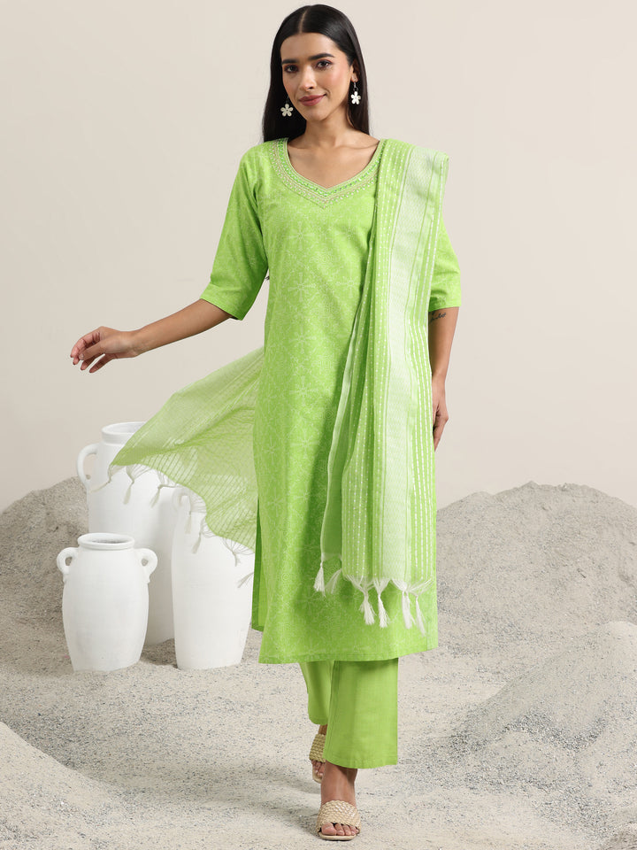 Green Printed Cotton Straight Suit With Dupatta