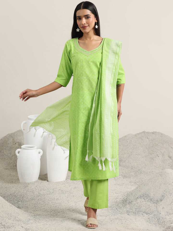 Green Printed Cotton Straight Suit With Dupatta
