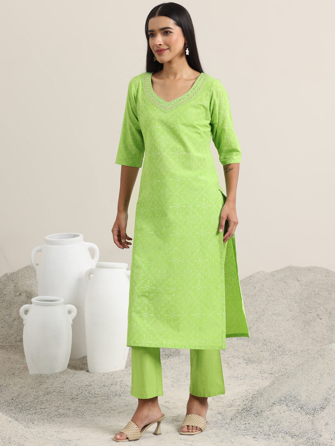 Green Printed Cotton Straight Suit With Dupatta
