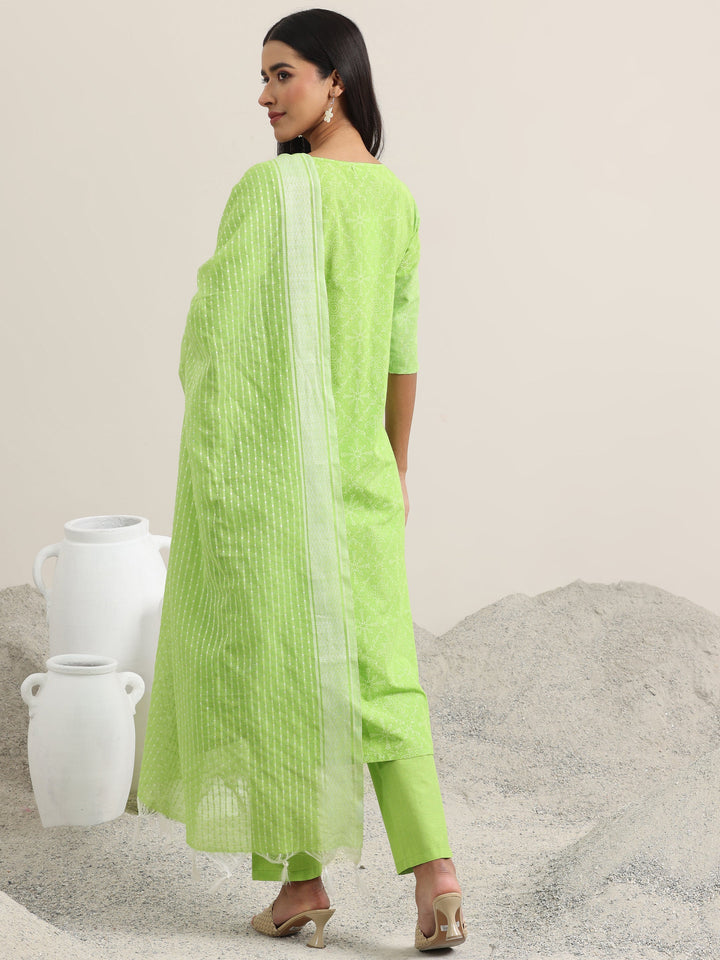 Green Printed Cotton Straight Suit With Dupatta