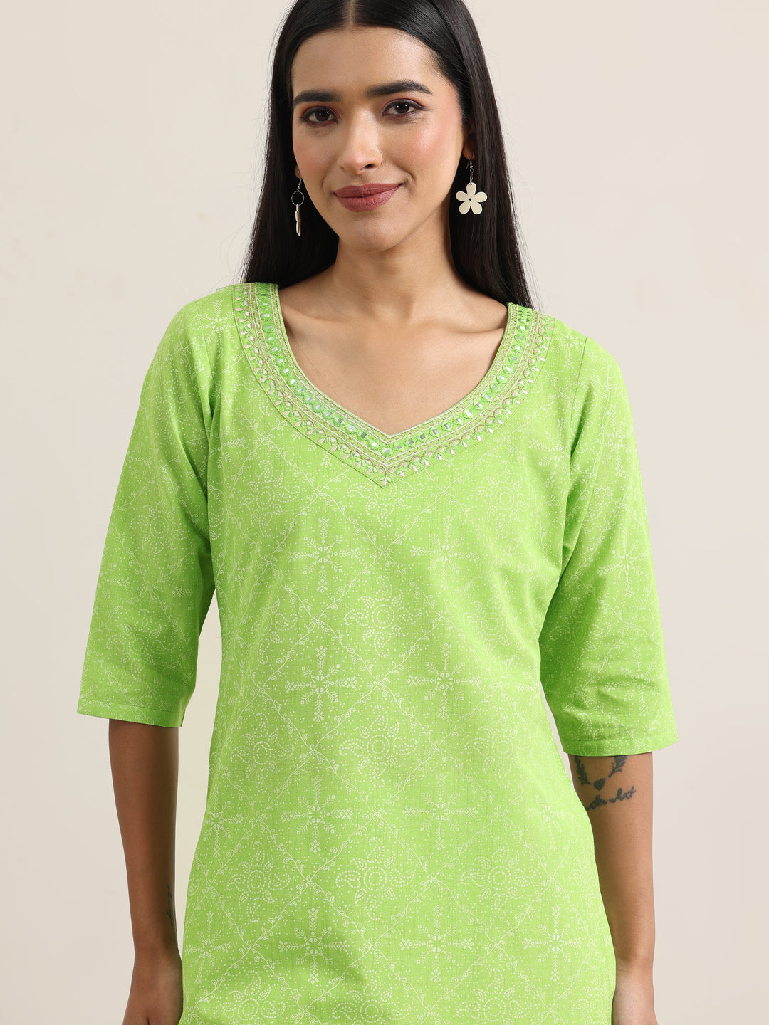 Green Printed Cotton Straight Suit With Dupatta