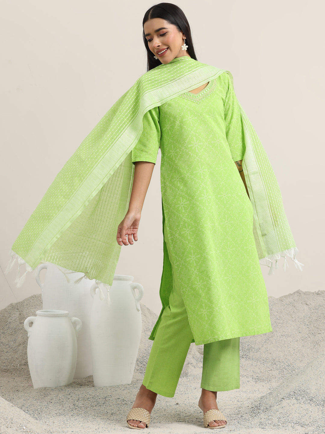 Green Printed Cotton Straight Suit With Dupatta