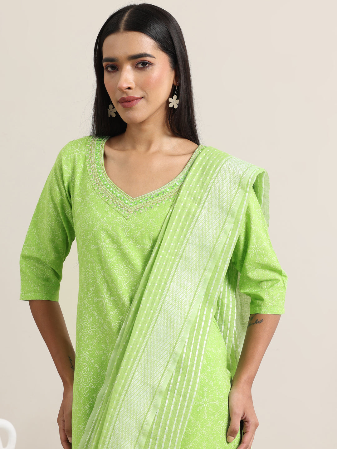 Green Printed Cotton Straight Suit With Dupatta