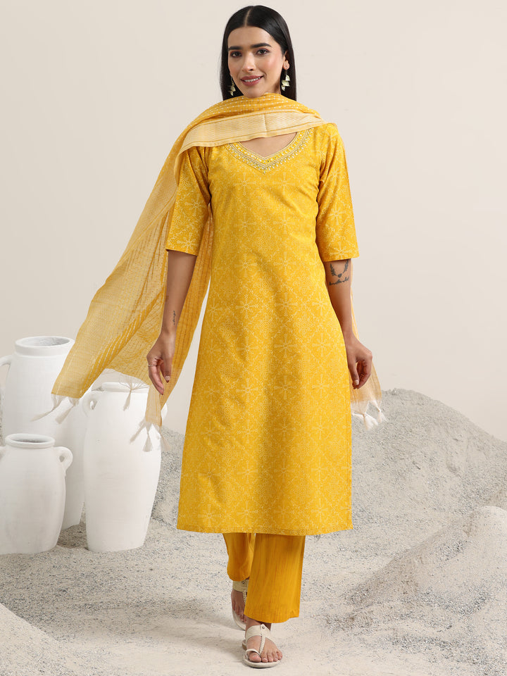 Yellow Printed Cotton Straight Suit With Dupatta
