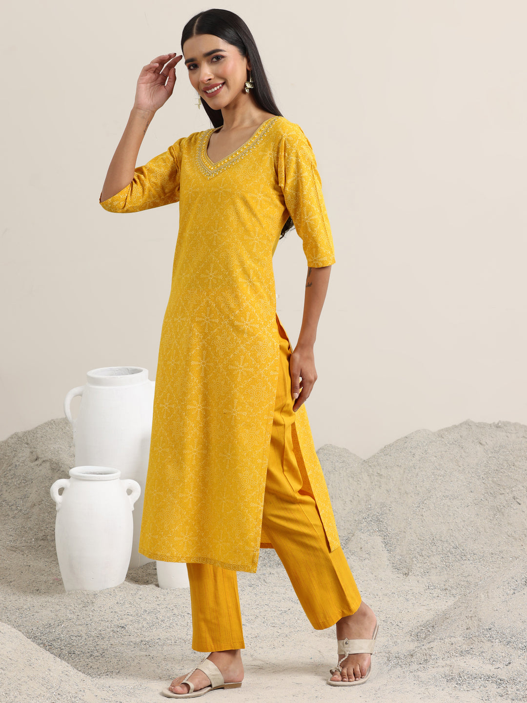 Yellow Printed Cotton Straight Suit With Dupatta