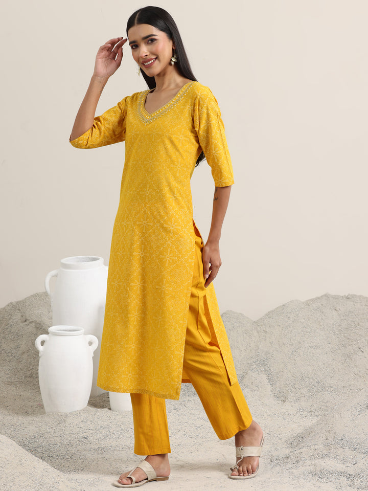 Yellow Printed Cotton Straight Suit With Dupatta