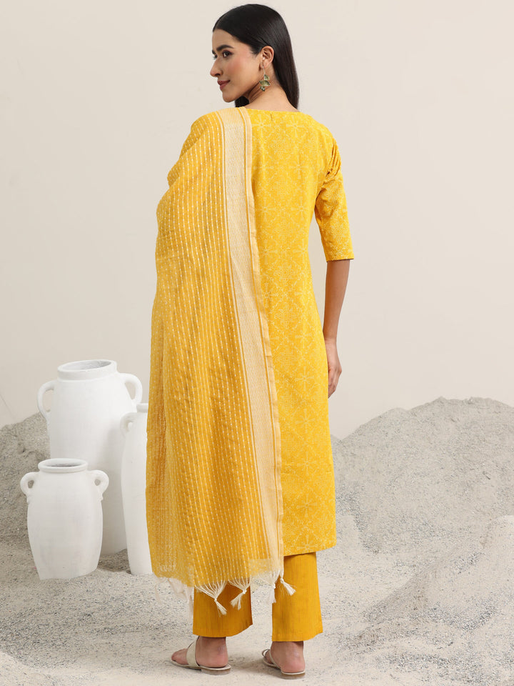 Yellow Printed Cotton Straight Suit With Dupatta