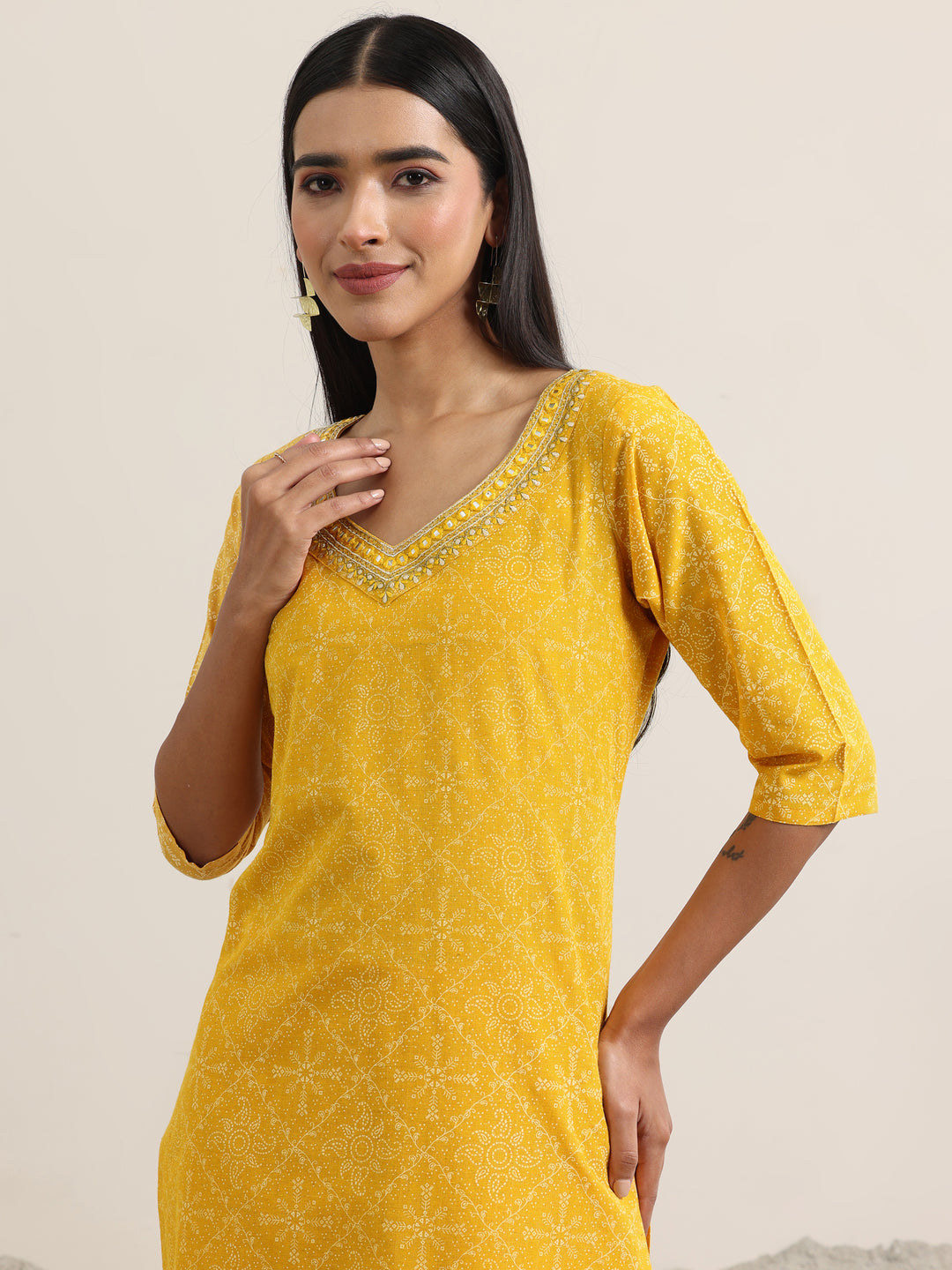 Yellow Printed Cotton Straight Suit With Dupatta