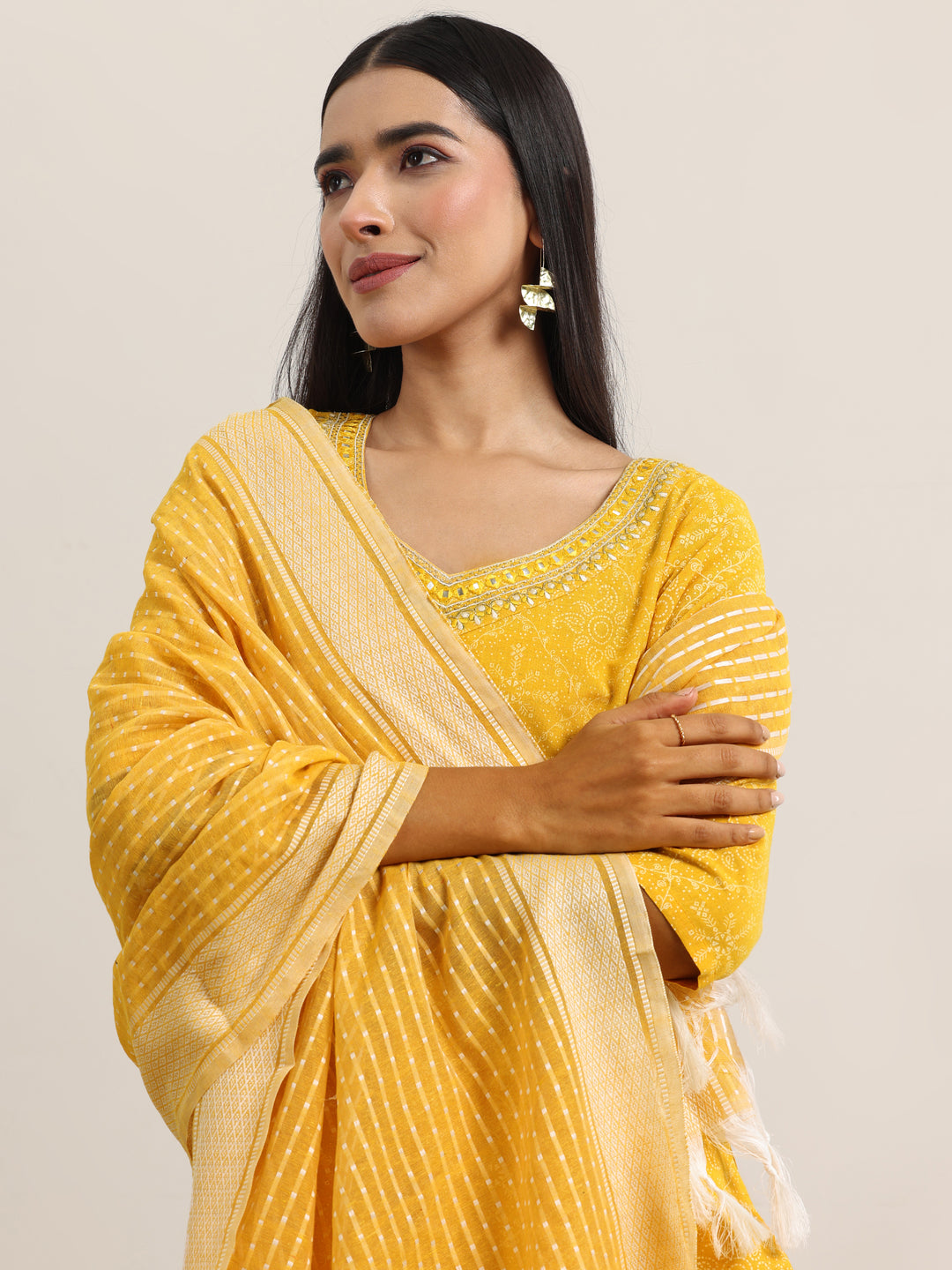 Yellow Printed Cotton Straight Suit With Dupatta