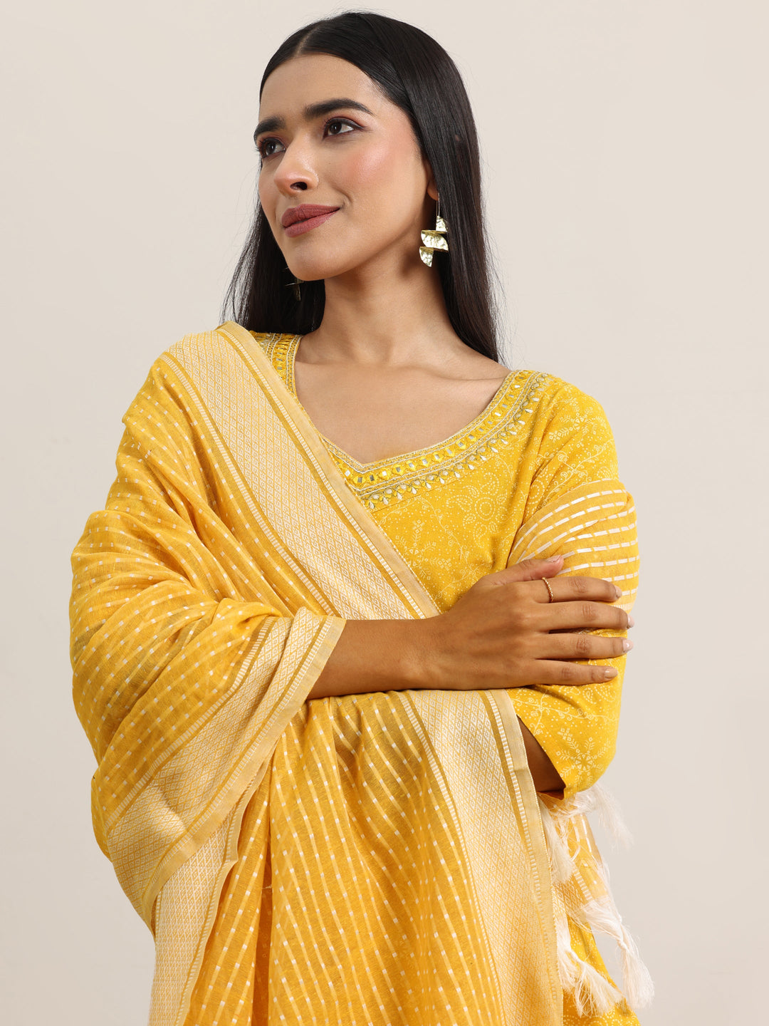 Yellow Printed Cotton Straight Suit With Dupatta