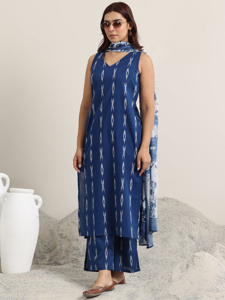 Blue Woven Design Cotton Straight Suit With Dupatta