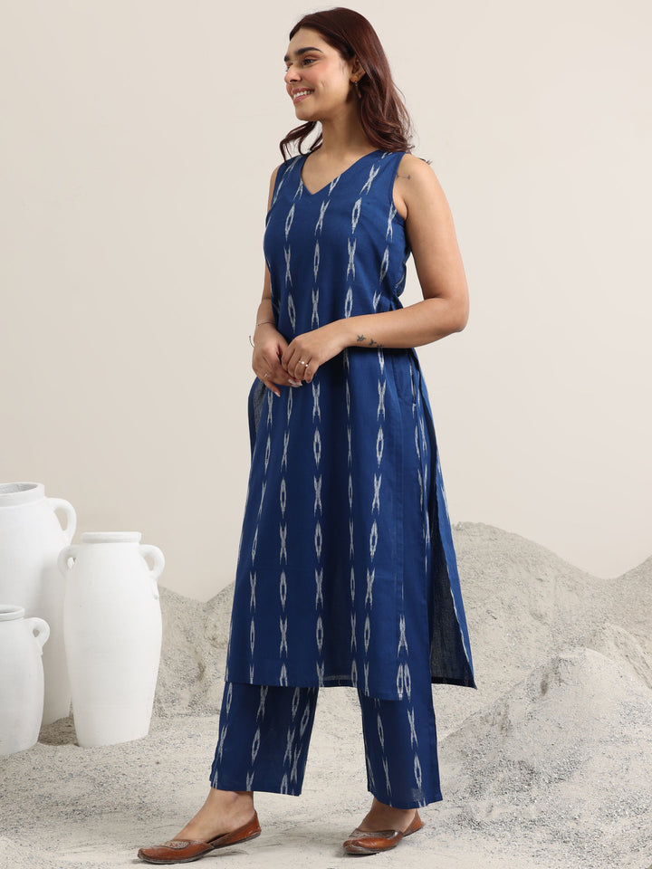 Blue Woven Design Cotton Straight Suit With Dupatta