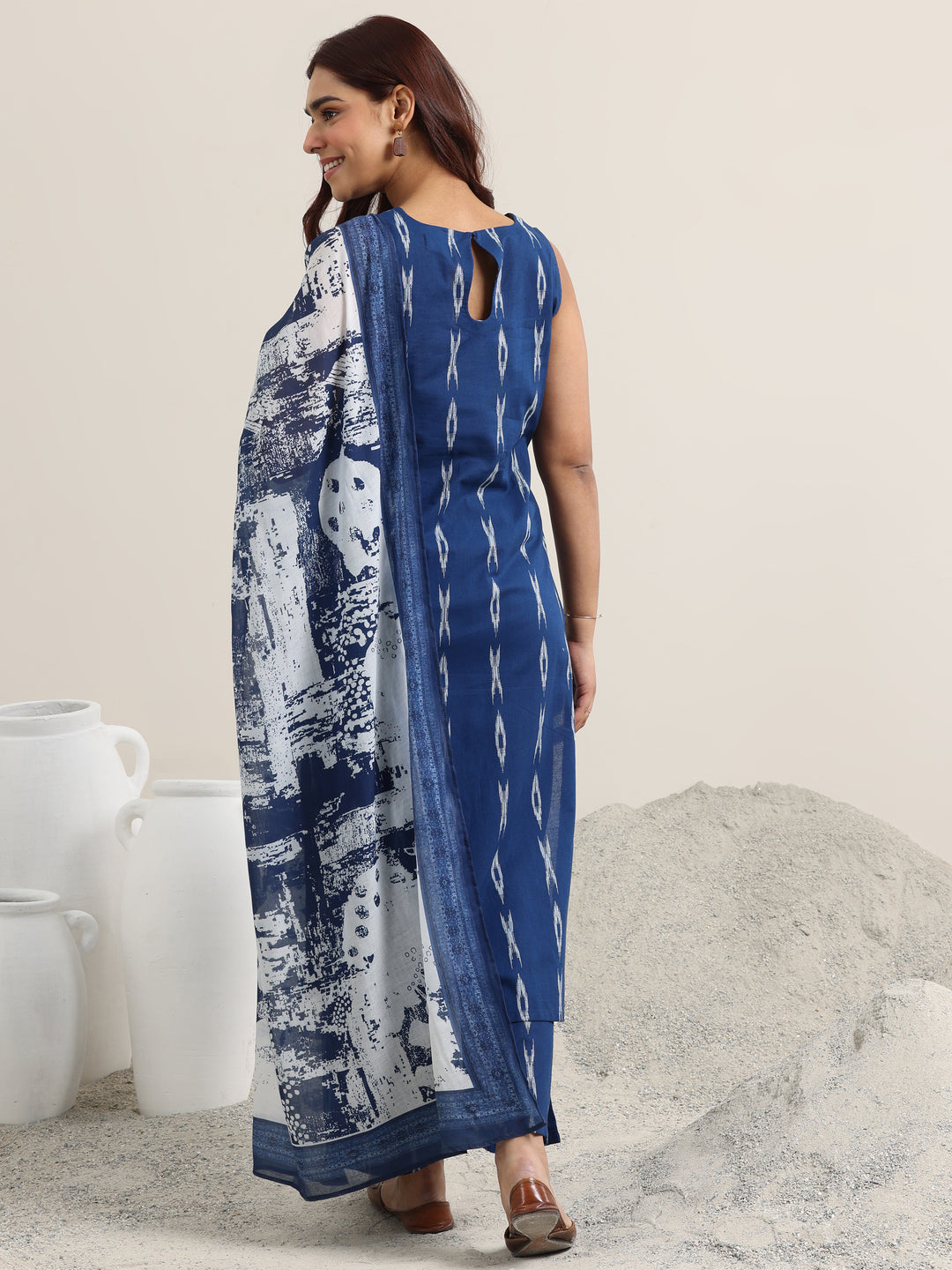 Blue Woven Design Cotton Straight Suit With Dupatta
