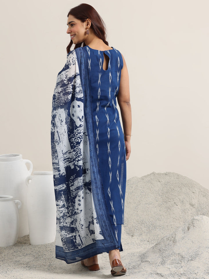 Blue Woven Design Cotton Straight Suit With Dupatta