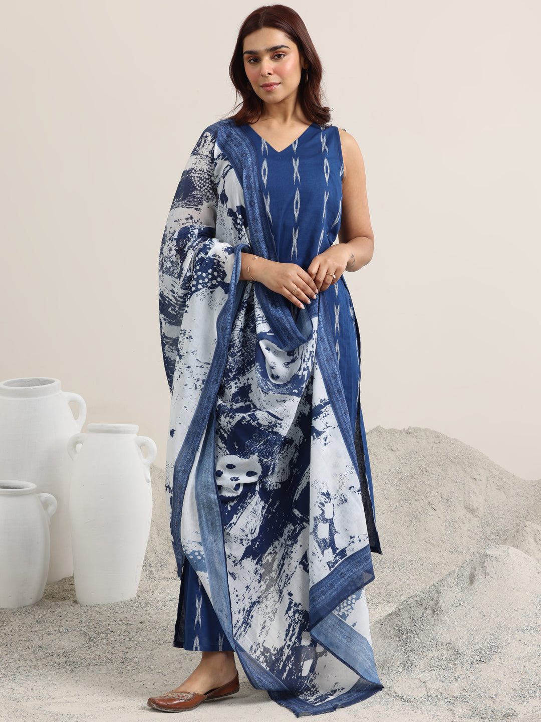 Blue Woven Design Cotton Straight Suit With Dupatta