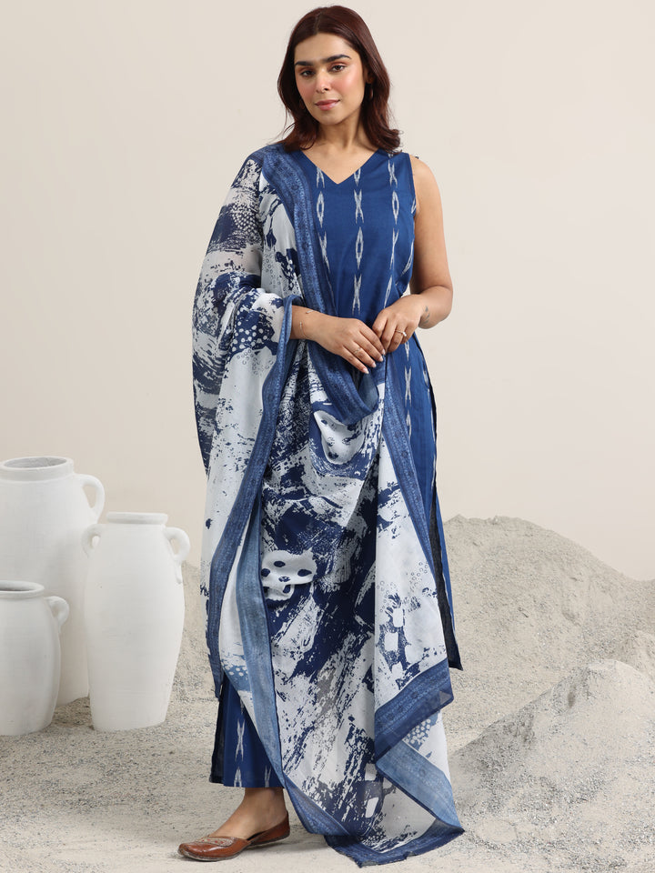 Blue Woven Design Cotton Straight Suit With Dupatta