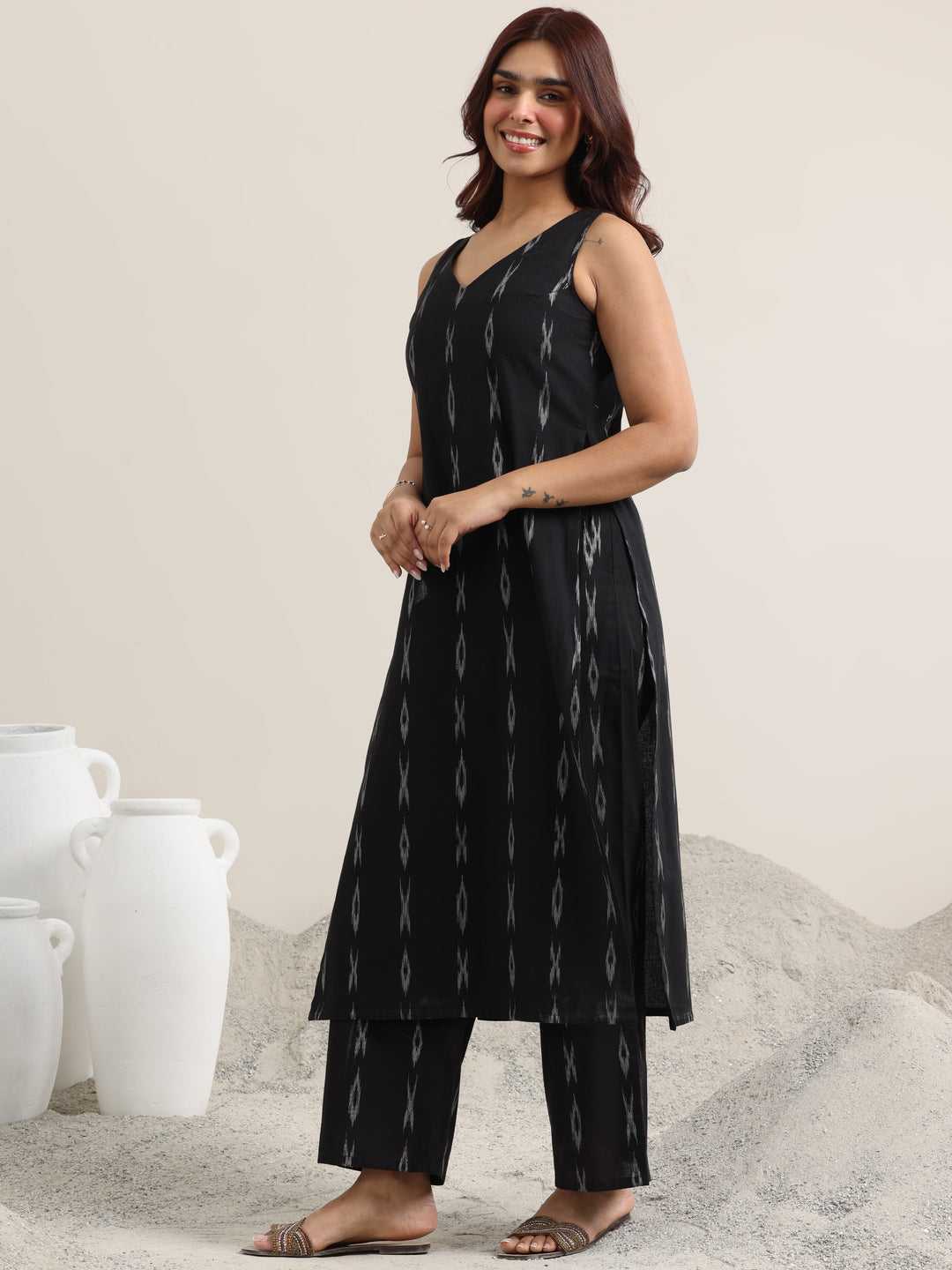 Black Woven Design Cotton Straight Suit With Dupatta