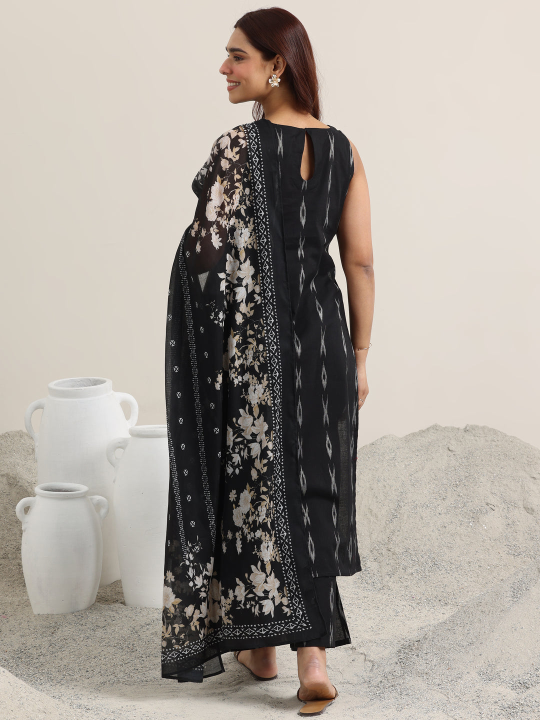 Black Woven Design Cotton Straight Suit With Dupatta