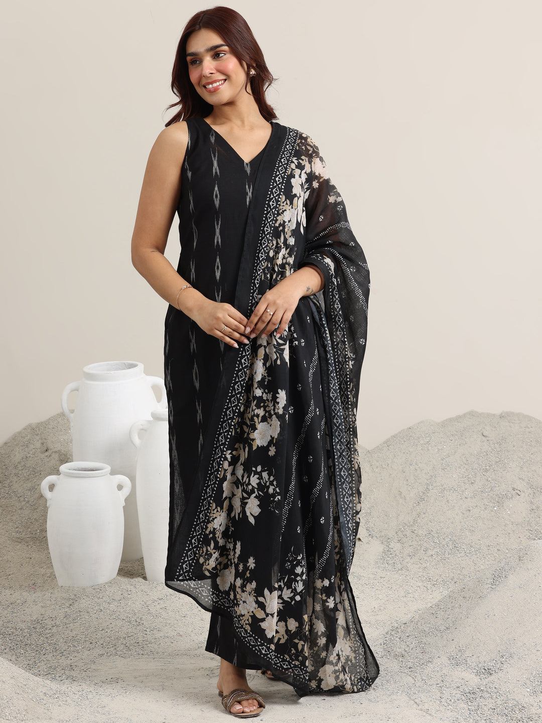 Black Woven Design Cotton Straight Suit With Dupatta