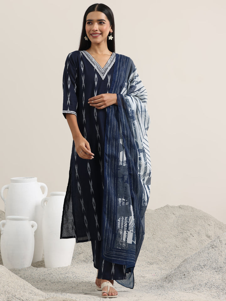 Blue Woven Design Cotton Straight Suit With Dupatta