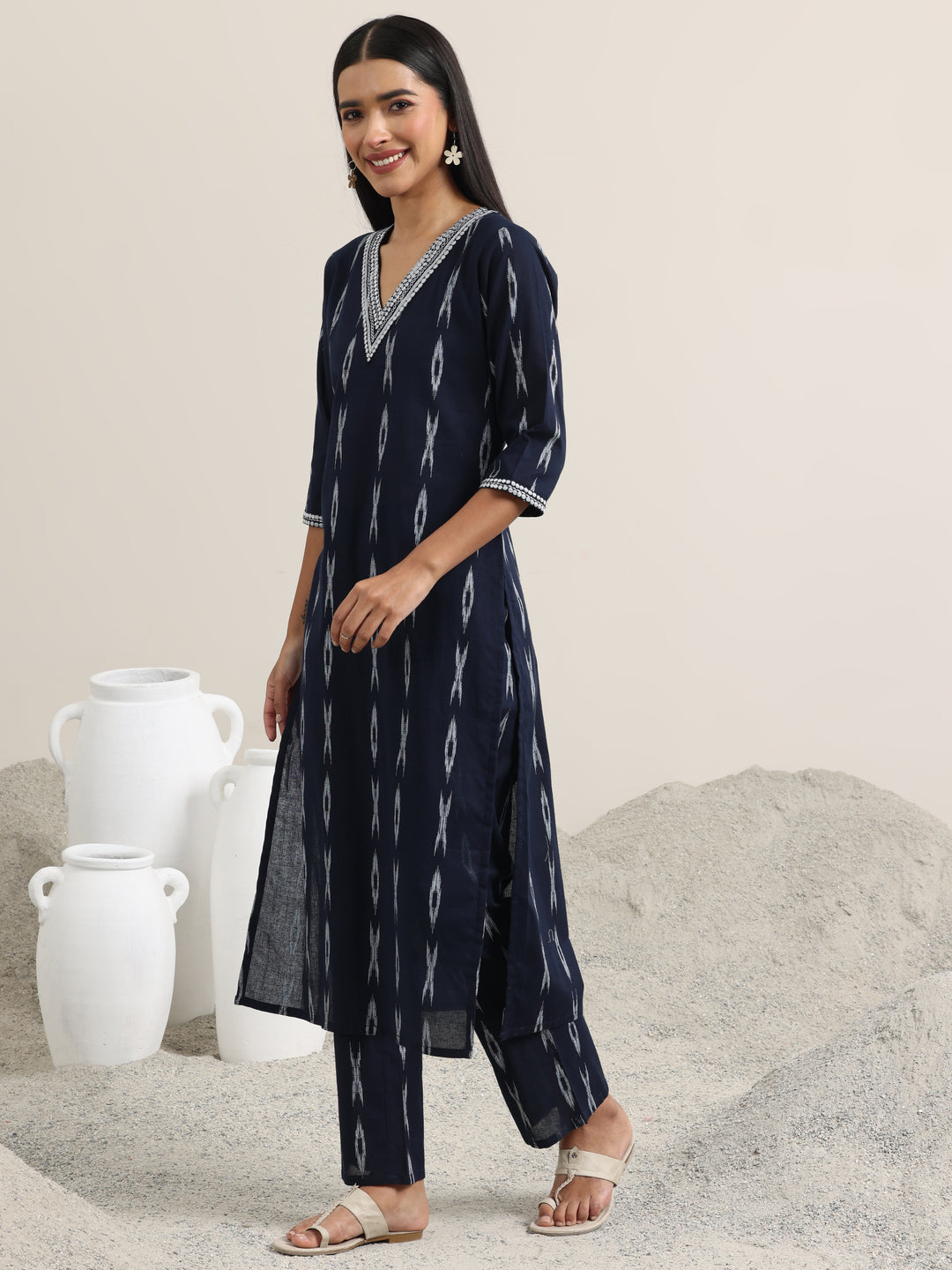 Blue Woven Design Cotton Straight Suit With Dupatta