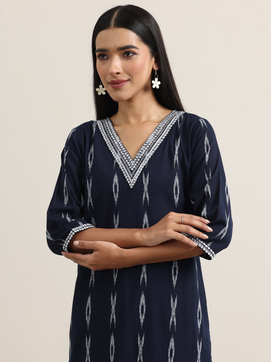 Blue Woven Design Cotton Straight Suit With Dupatta