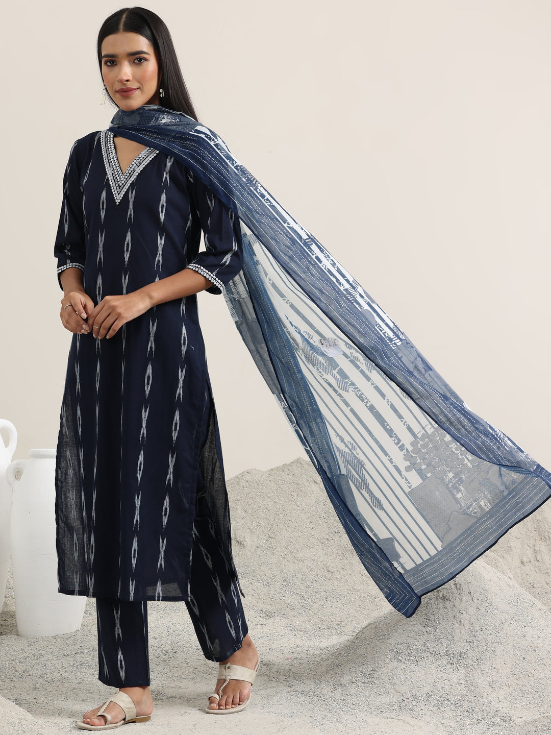 Blue Woven Design Cotton Straight Suit With Dupatta
