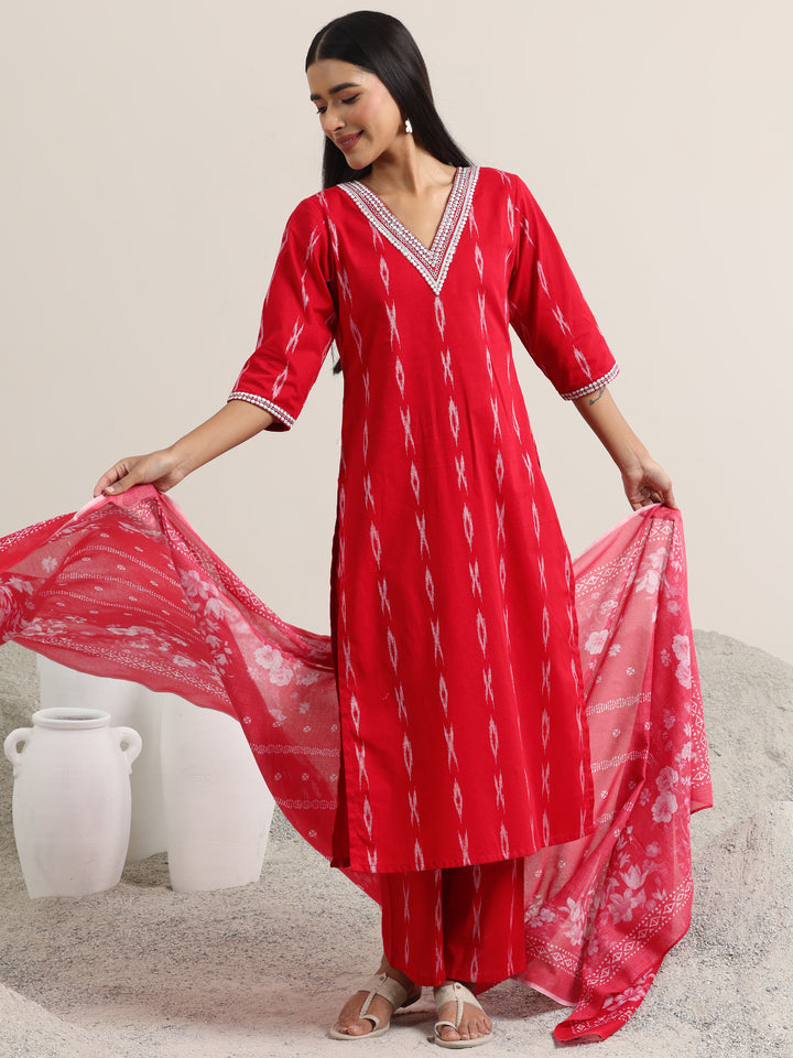 Red Woven Design Cotton Straight Suit With Dupatta