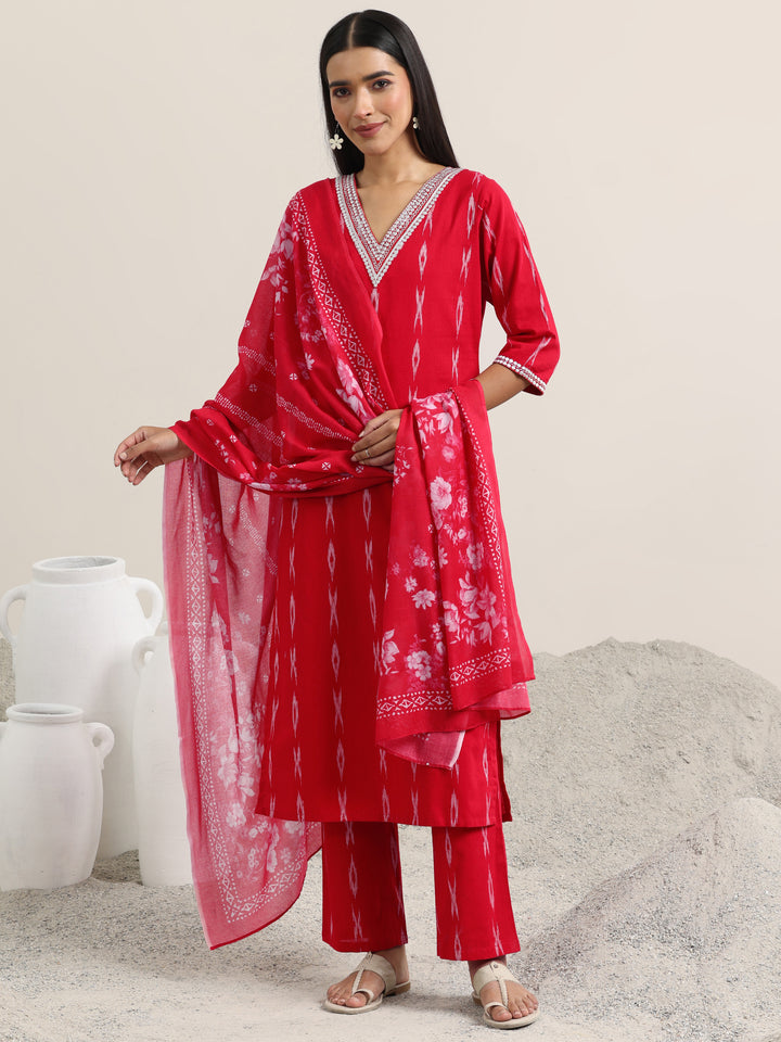 Red Woven Design Cotton Straight Suit With Dupatta
