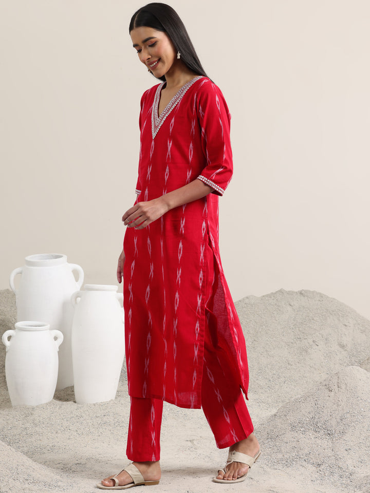 Red Woven Design Cotton Straight Suit With Dupatta