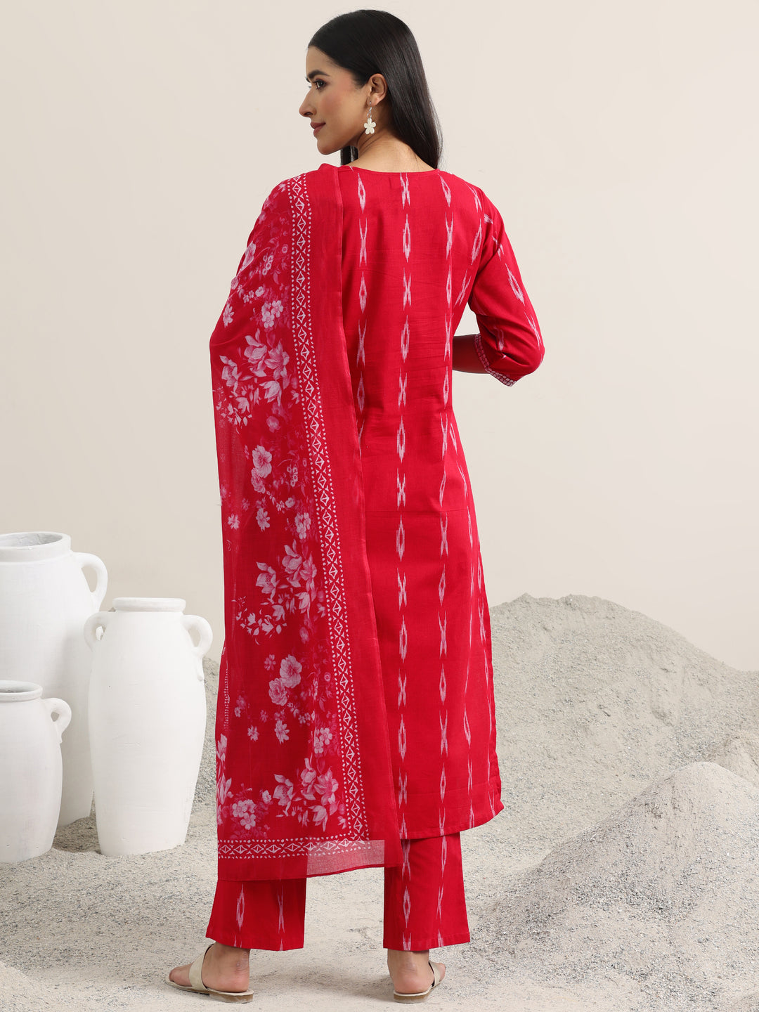 Red Woven Design Cotton Straight Suit With Dupatta