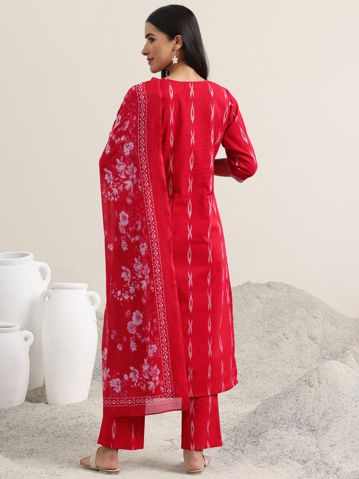Red Woven Design Cotton Straight Suit With Dupatta