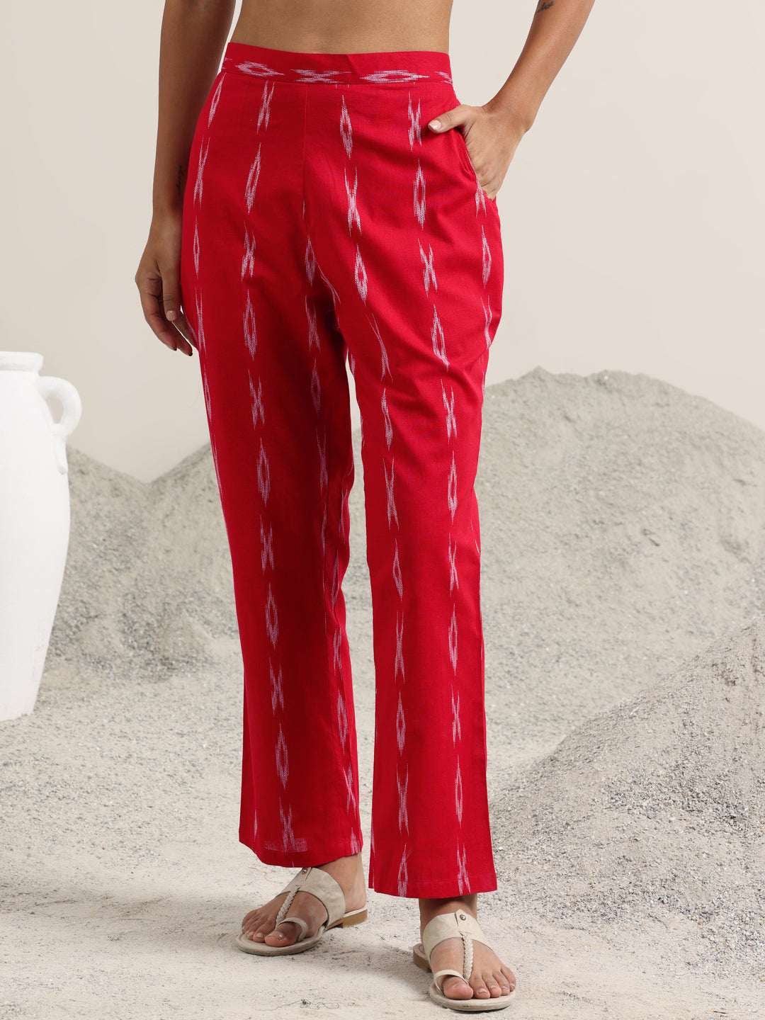 Red Woven Design Cotton Straight Suit With Dupatta