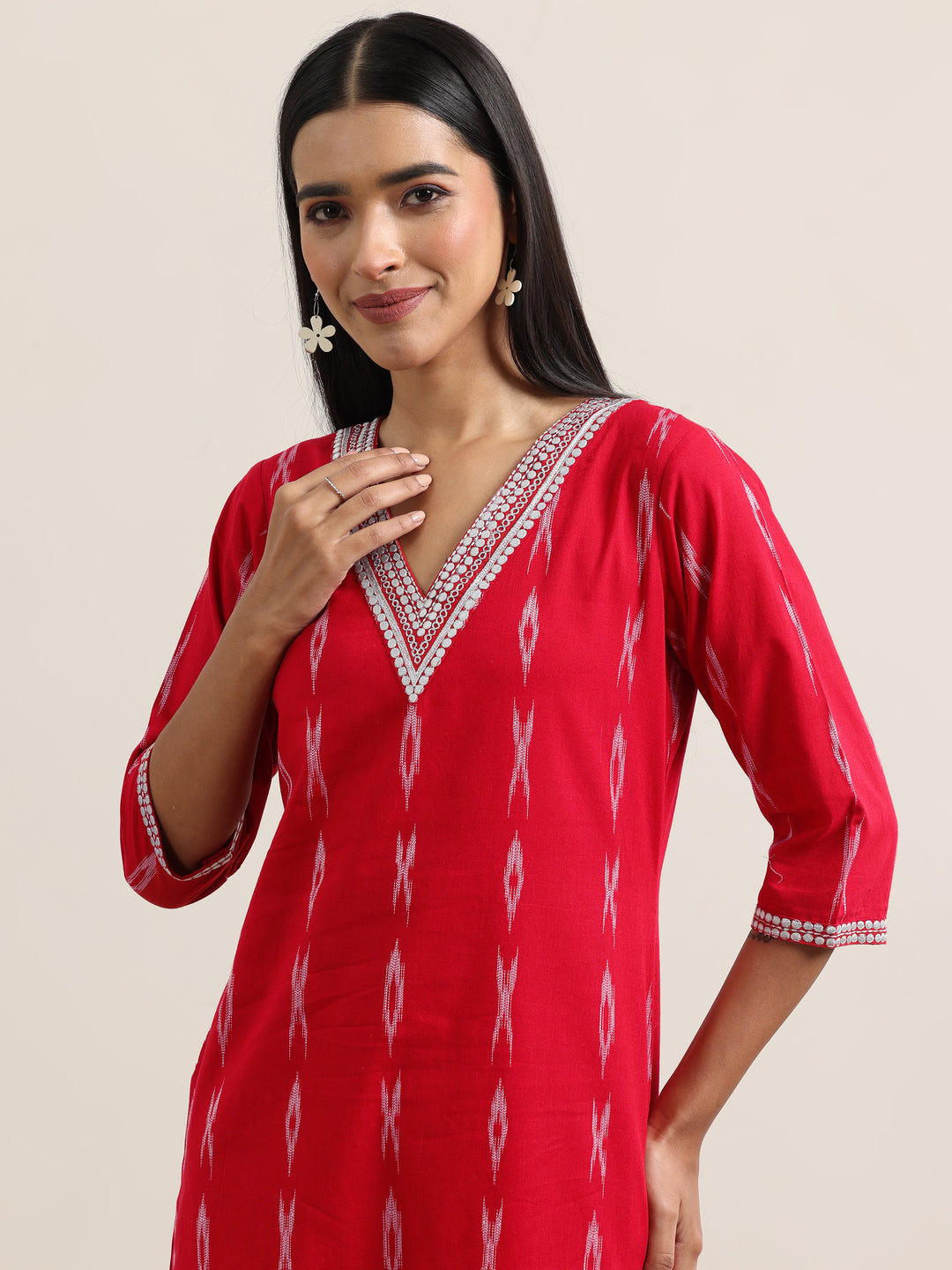 Red Woven Design Cotton Straight Suit With Dupatta