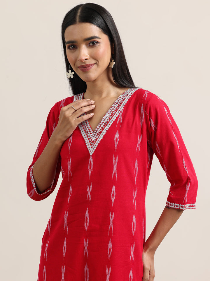 Red Woven Design Cotton Straight Suit With Dupatta