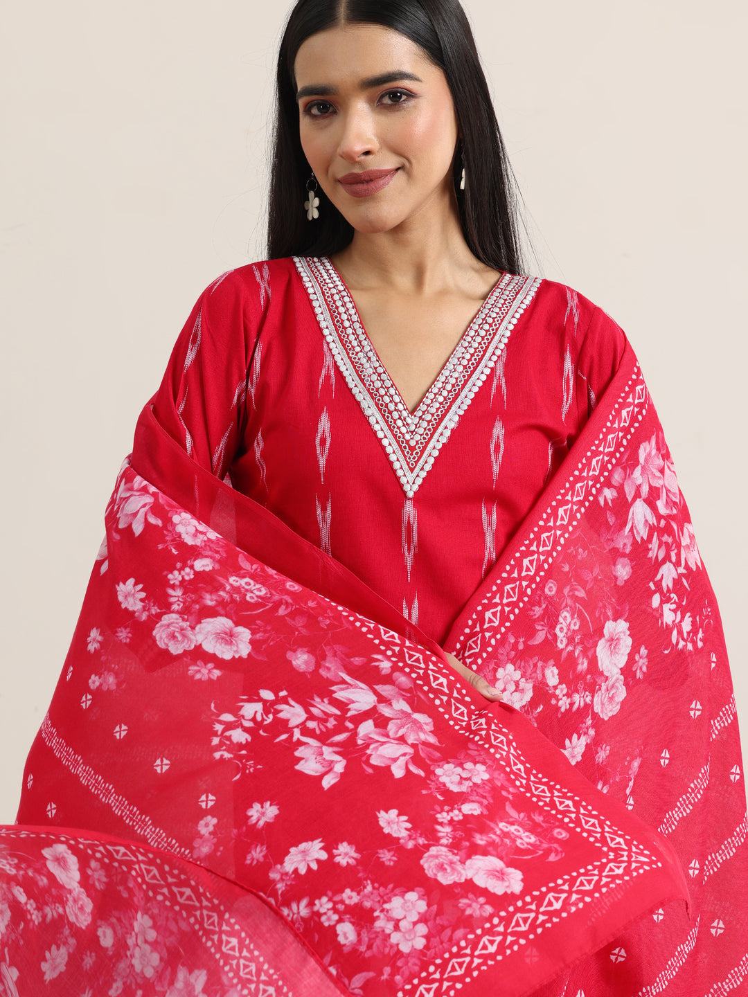 Red Woven Design Cotton Straight Suit With Dupatta