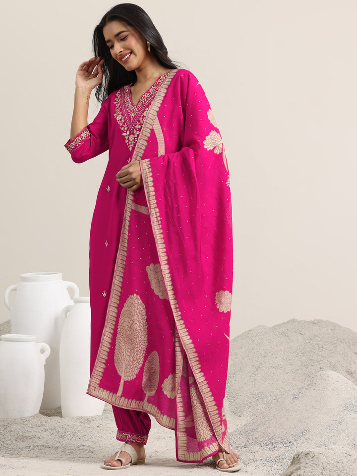 Pink Embroidered Rayon Straight Suit With Dupatta