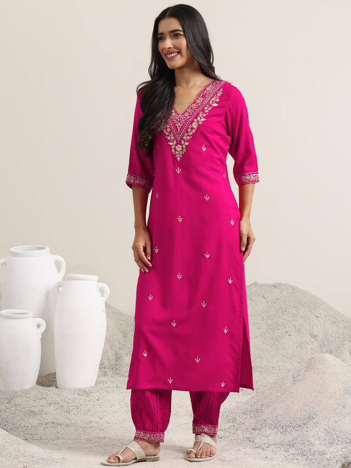 Pink Embroidered Rayon Straight Suit With Dupatta