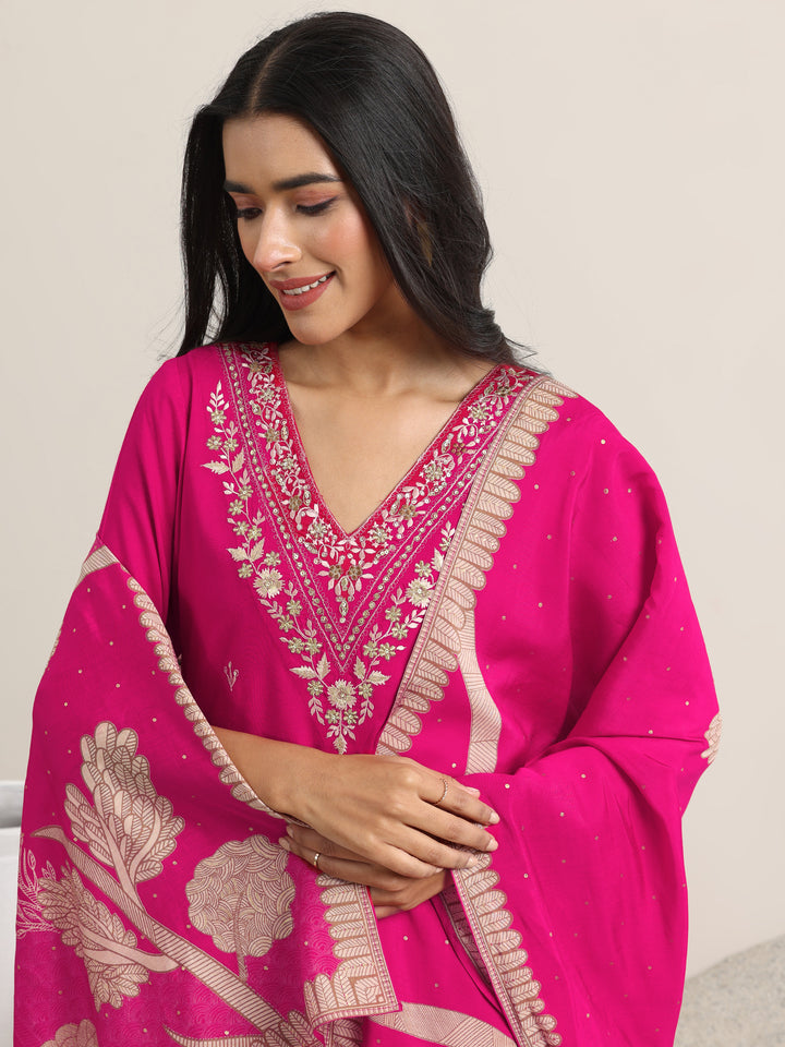Pink Embroidered Rayon Straight Suit With Dupatta