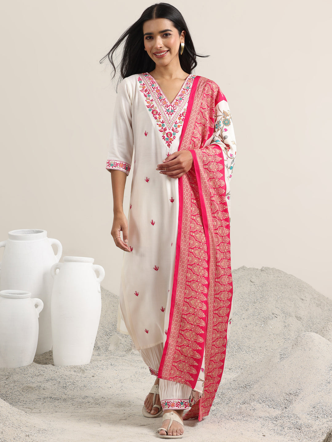 White Embroidered Rayon Straight Suit With Dupatta