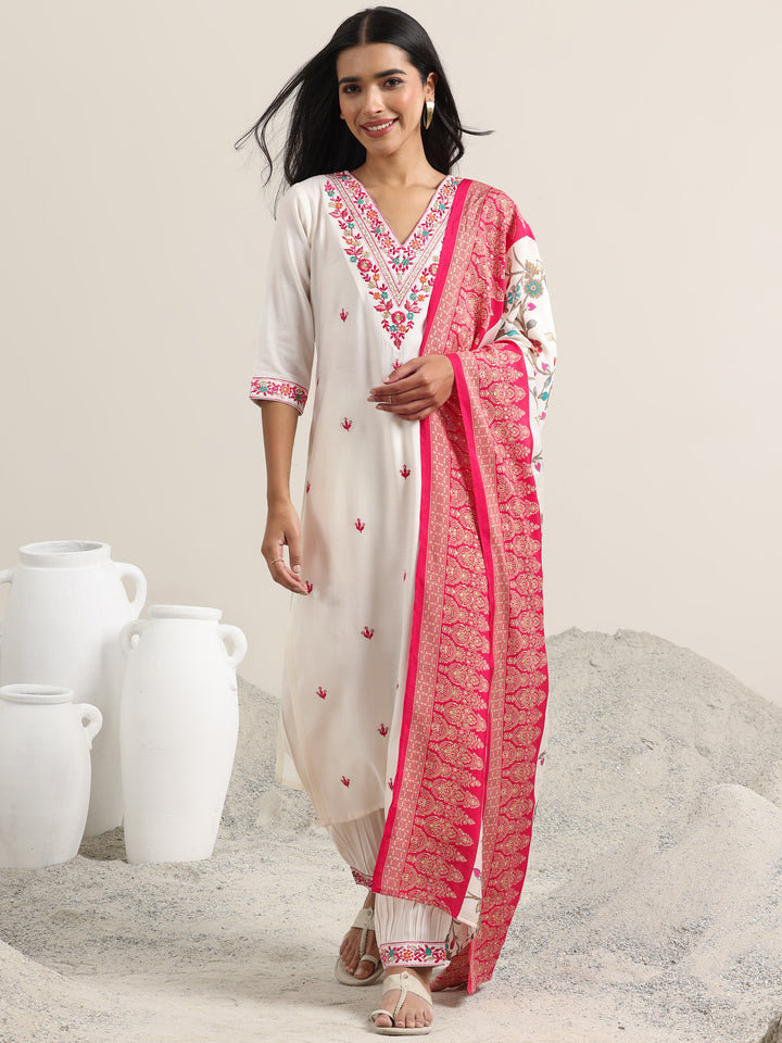 White Embroidered Rayon Straight Suit With Dupatta