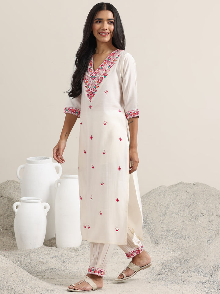 White Embroidered Rayon Straight Suit With Dupatta