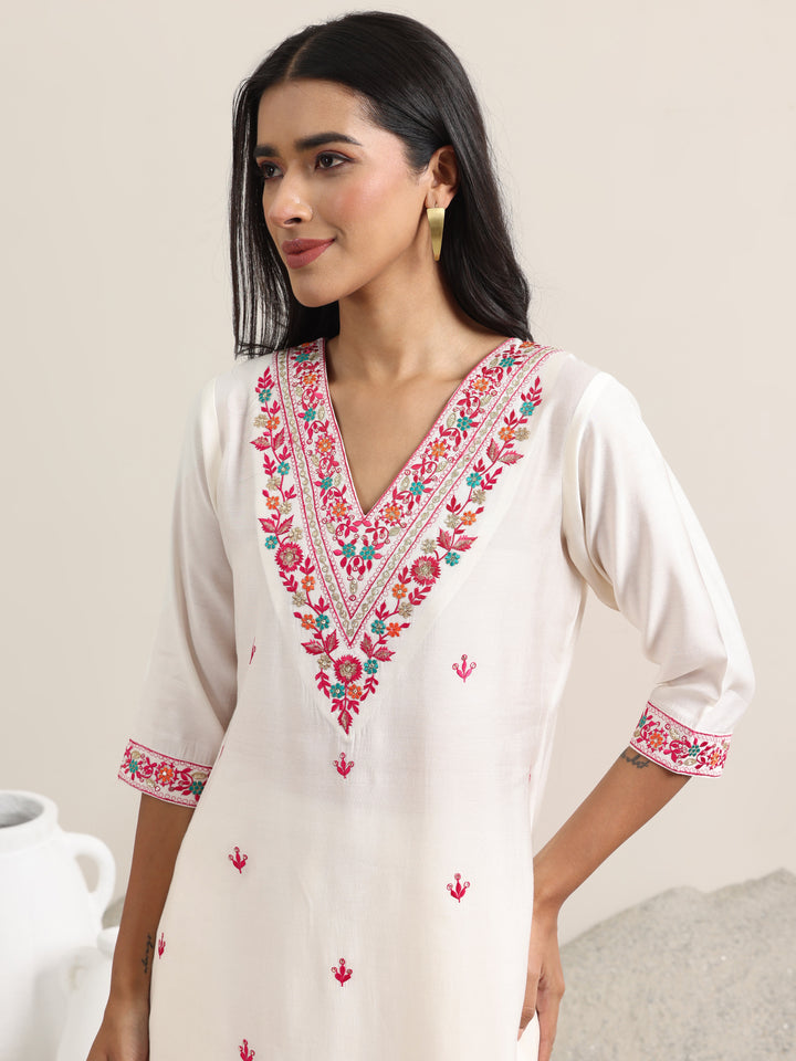 White Embroidered Rayon Straight Suit With Dupatta