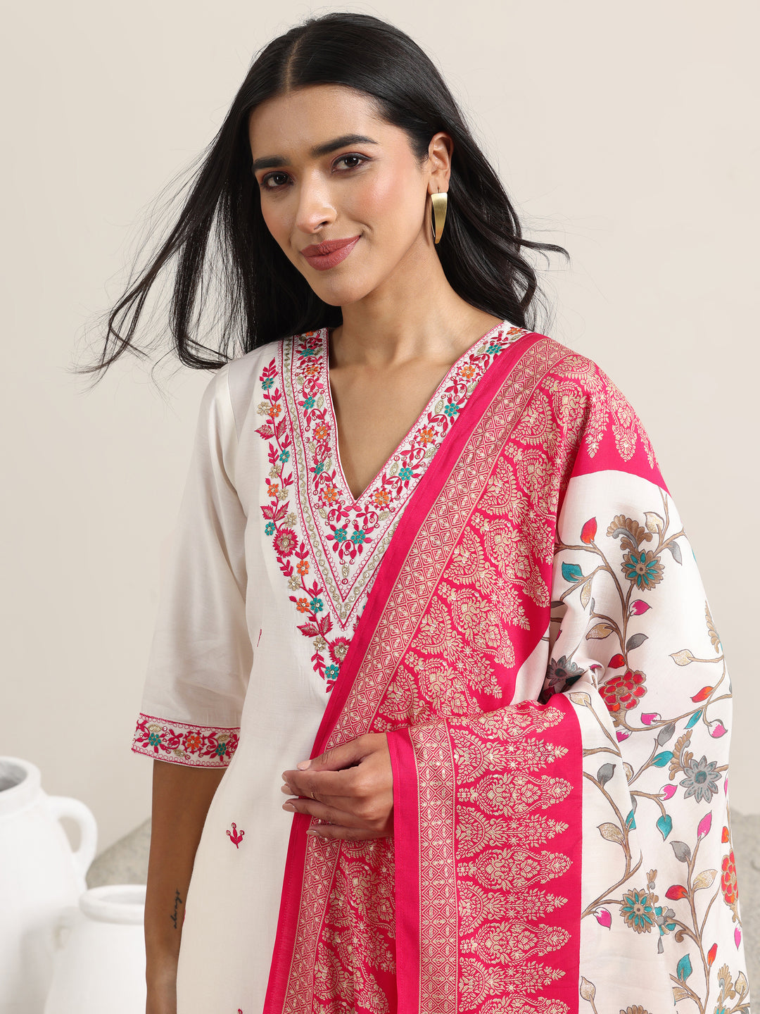 White Embroidered Rayon Straight Suit With Dupatta