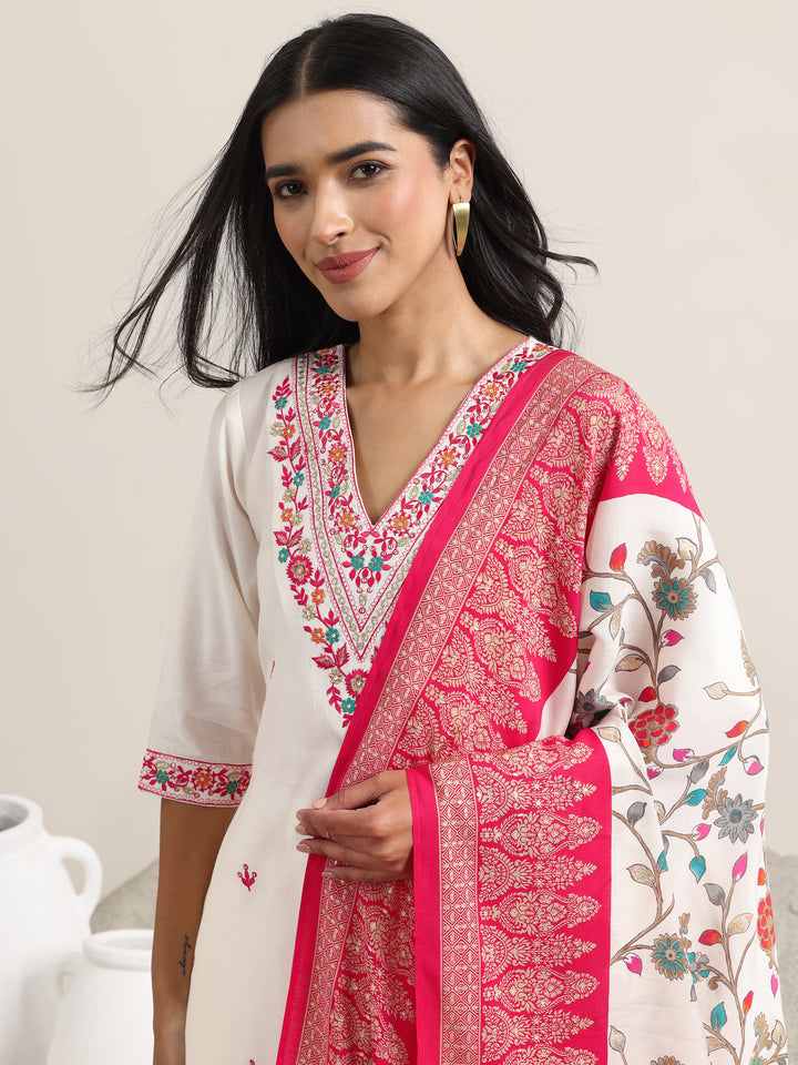 White Embroidered Rayon Straight Suit With Dupatta
