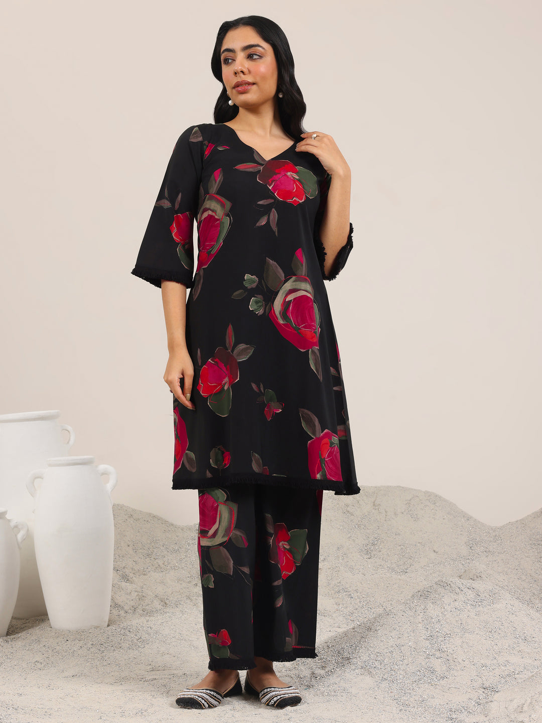 Black Printed Silk Blend A-Line Kurta Set