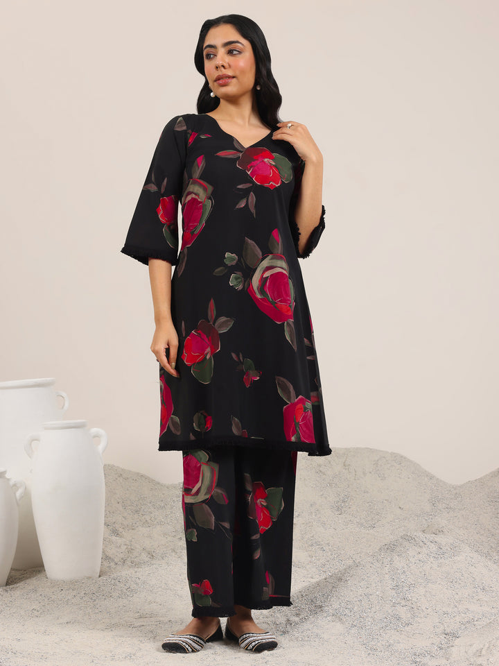 Black Printed Silk Blend A-Line Kurta Set