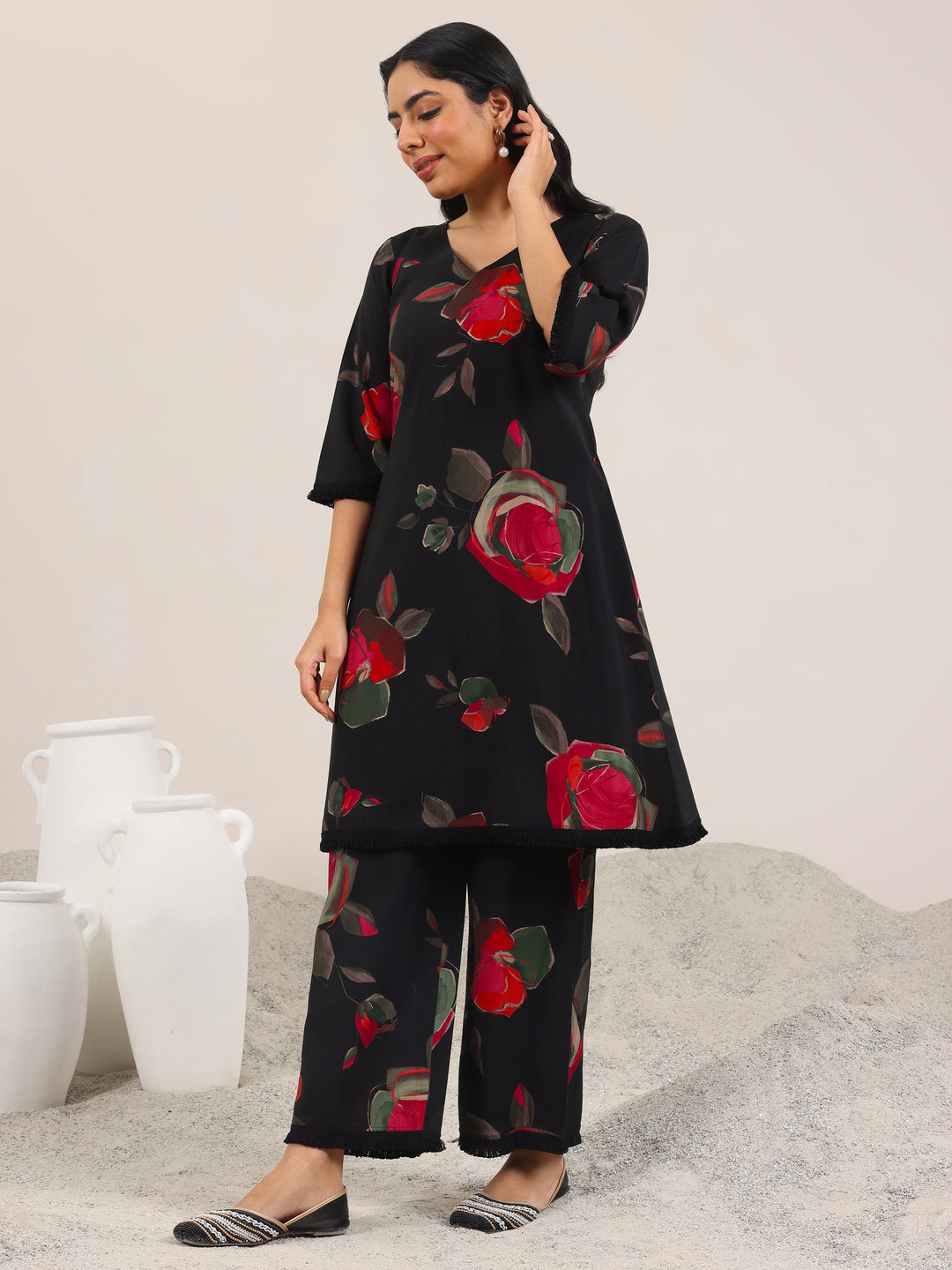 Black Printed Silk Blend A-Line Kurta Set
